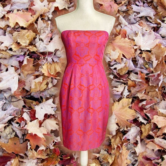 J. Crew Orange & Purple Medallion Silk Blend Strapless ‘Ella’ Dress Size 2 - Picture 5 of 16